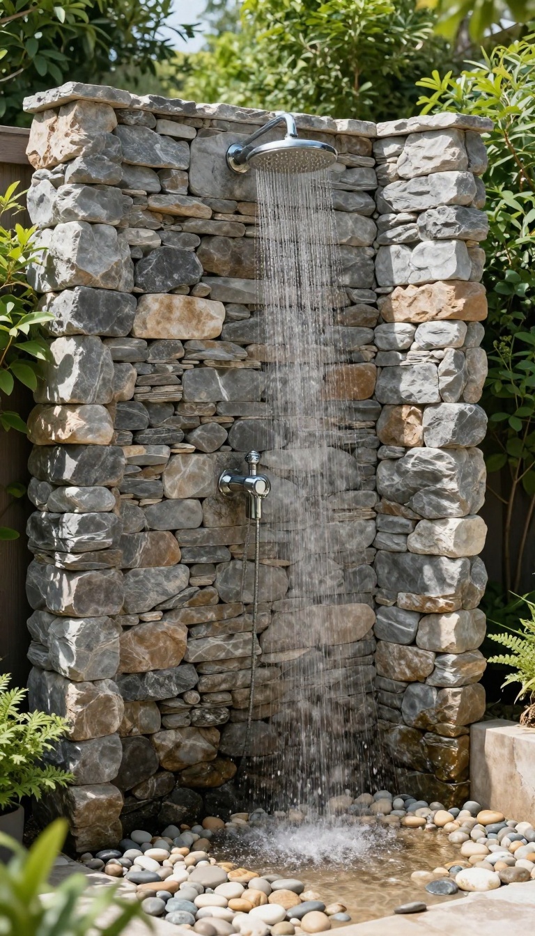 Outdoor shower with stacked stone wall and rainfall showerhead in a serene backyard