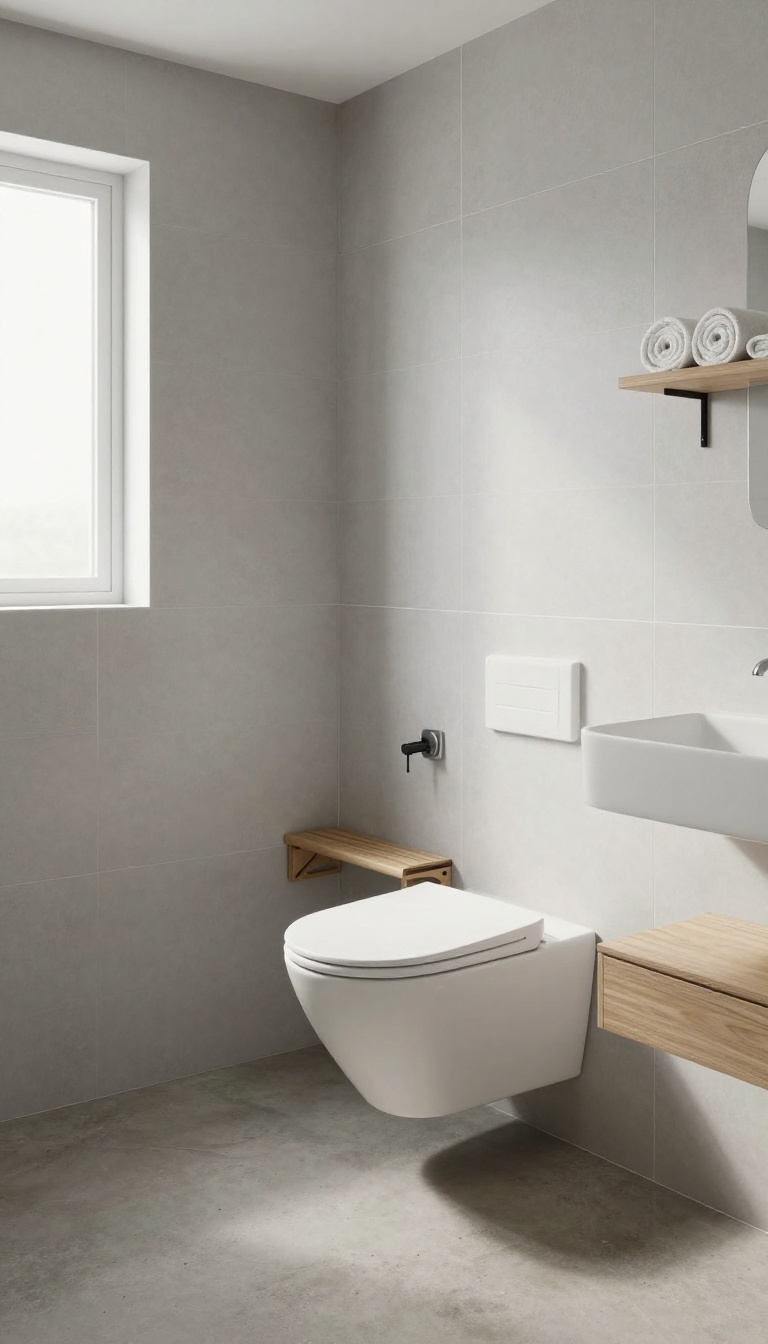 Small shower room with wall-mounted toilet, floating vanity, and fold-down teak bench, bright and airy