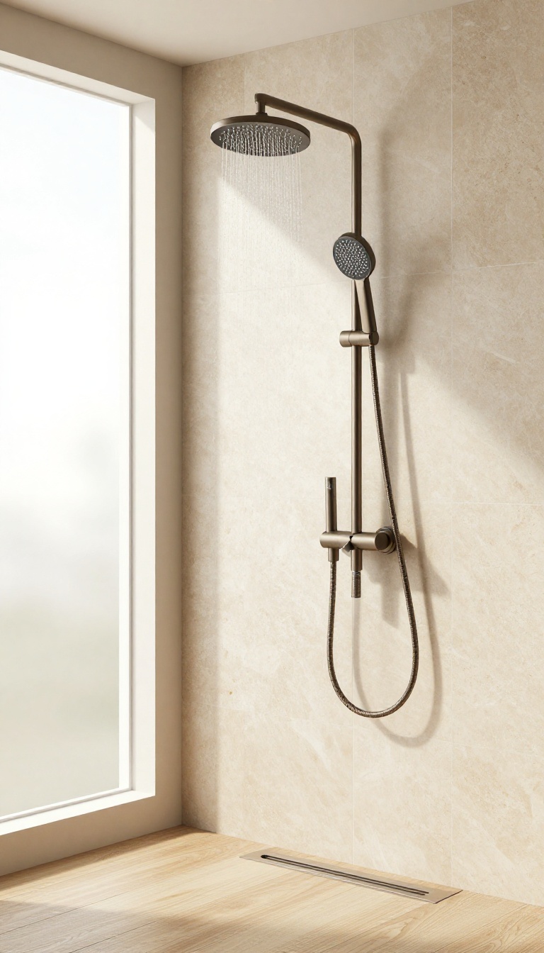 Modern stand-up shower with rainfall showerhead and handheld sprayer in brushed brass and matte black, natural stone and wood-look tiles