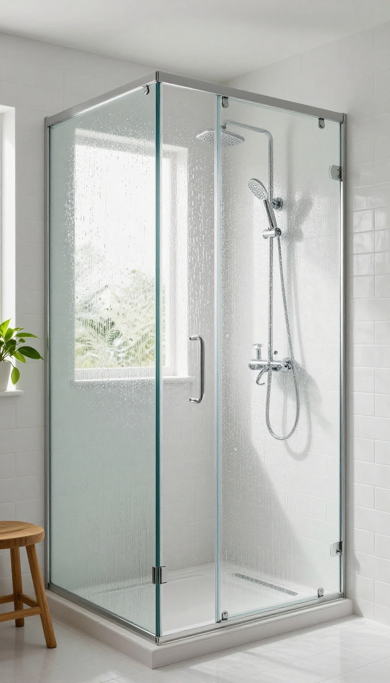 Walk-in shower with textured rain glass enclosure, modern bathroom design
