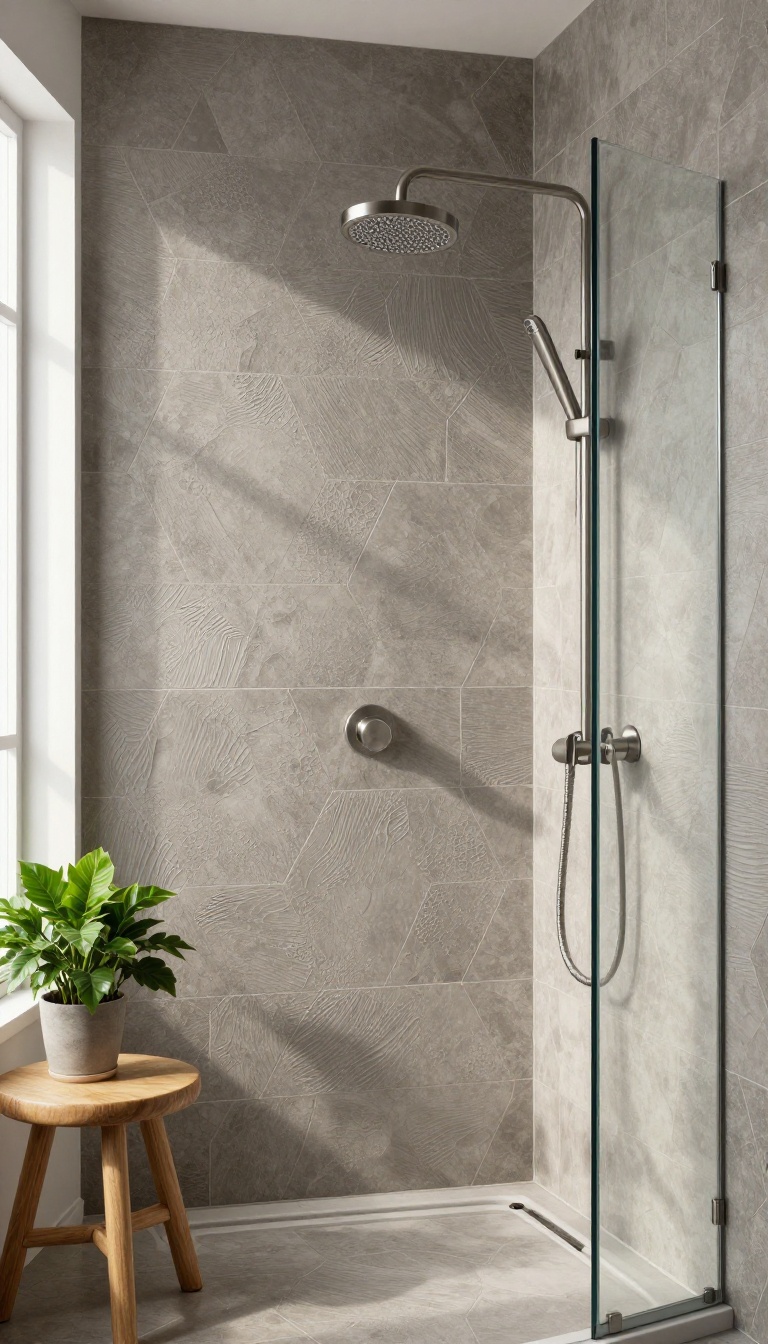 Textured hexagon tiles in a master shower with soft natural light