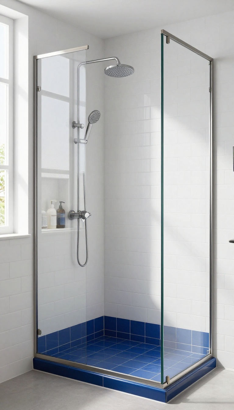 Modern shower with white subway tile, a brushed nickel metal accent strip, and a contrasting blue tile row.
