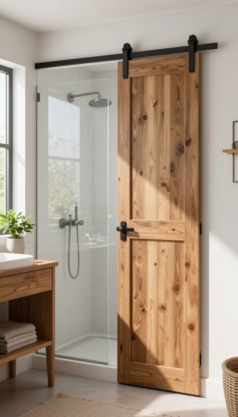Modern farmhouse bathroom with a sliding barn door shower partition, reclaimed wood and matte black hardware, bright natural light