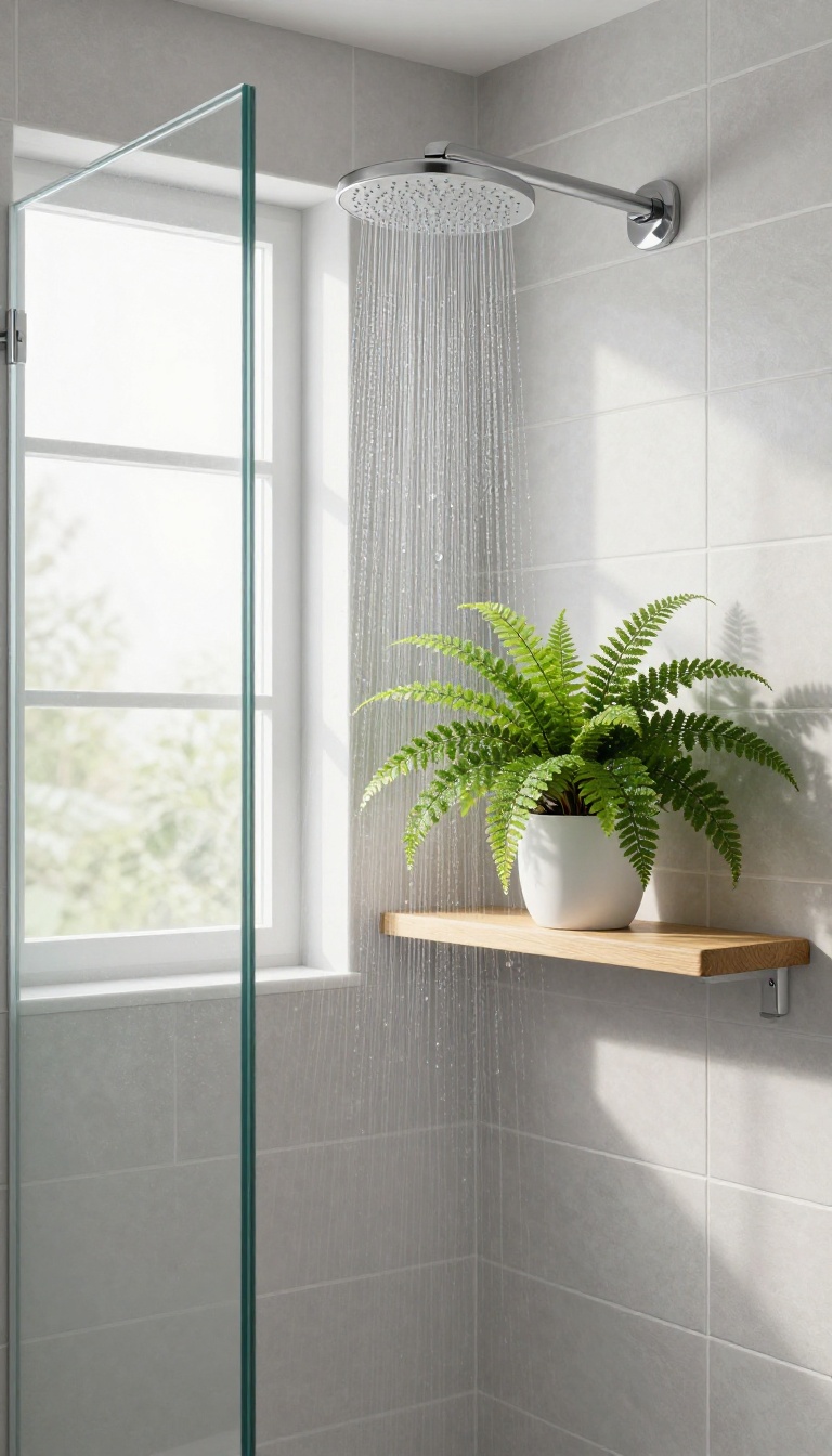 A small shower with a green fern on a wooden shelf, creating a spa-like atmosphere
