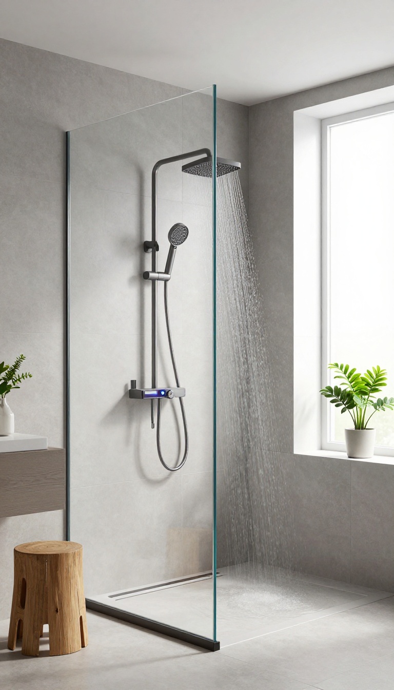 Modern bathroom with smart dual-head shower and digital controls