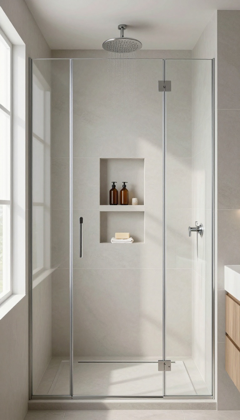 Modern shower with recessed shelving holding toiletries, clean and spa-like
