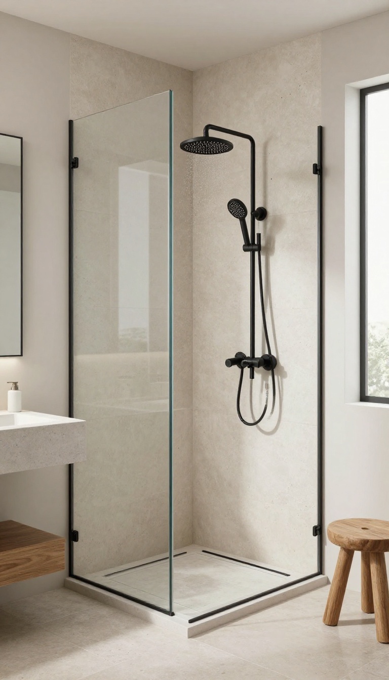 Modern walk-in shower with matte black fixtures and frameless glass panel in a bright minimalist bathroom