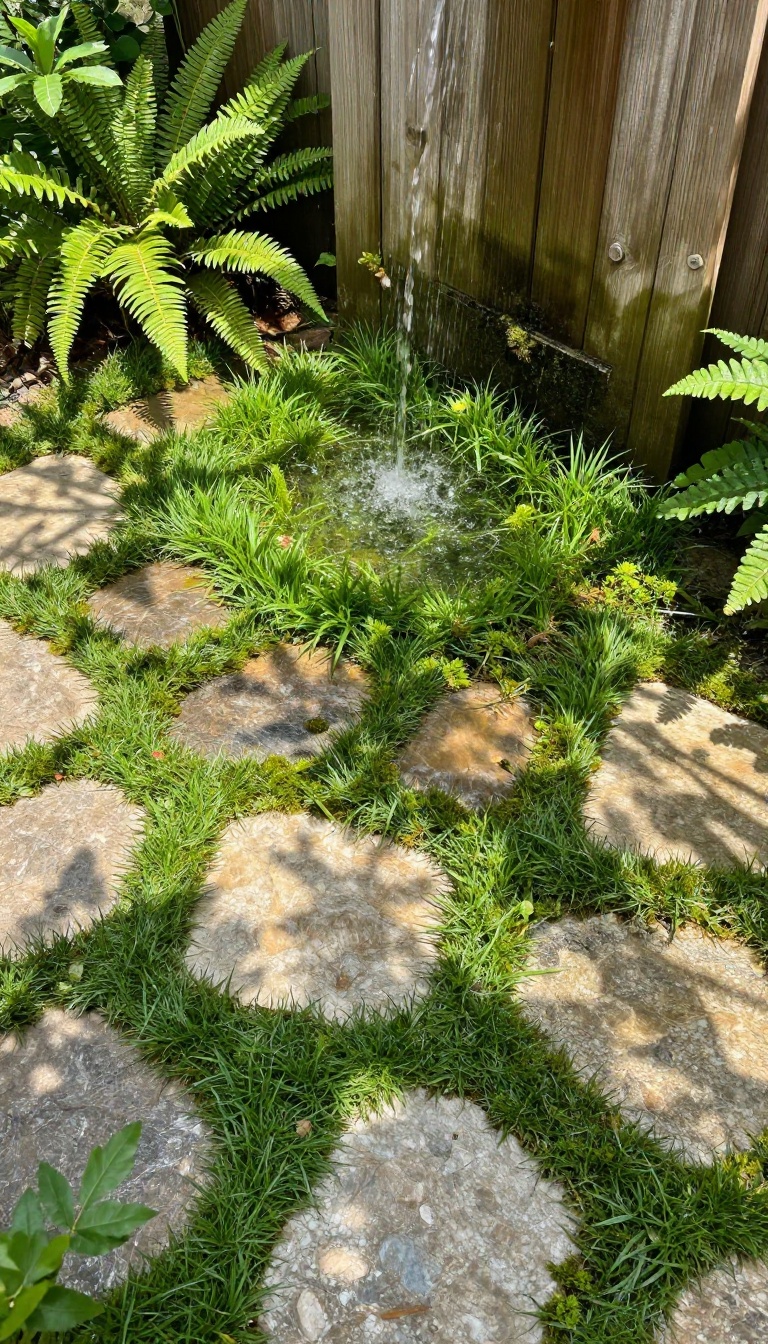 Outdoor shower floor with stone pavers and grass joints in a shaded garden setting