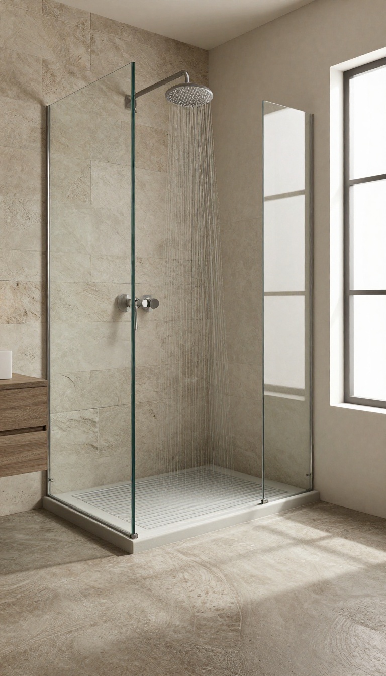 Broom-finished concrete shower floor with textured ridges in a modern rustic bathroom, illuminated by natural light.