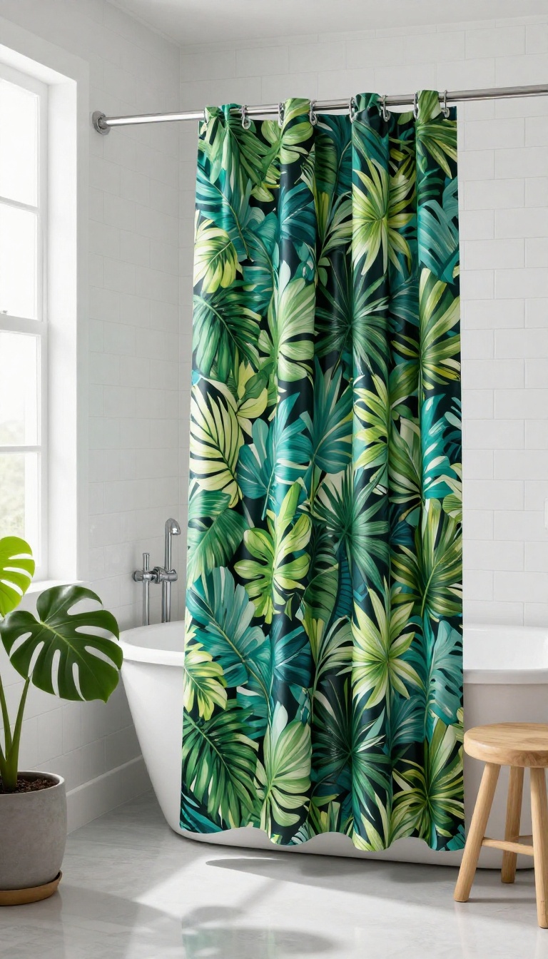 Black shower curtain with vibrant tropical leaf pattern in a bright bathroom