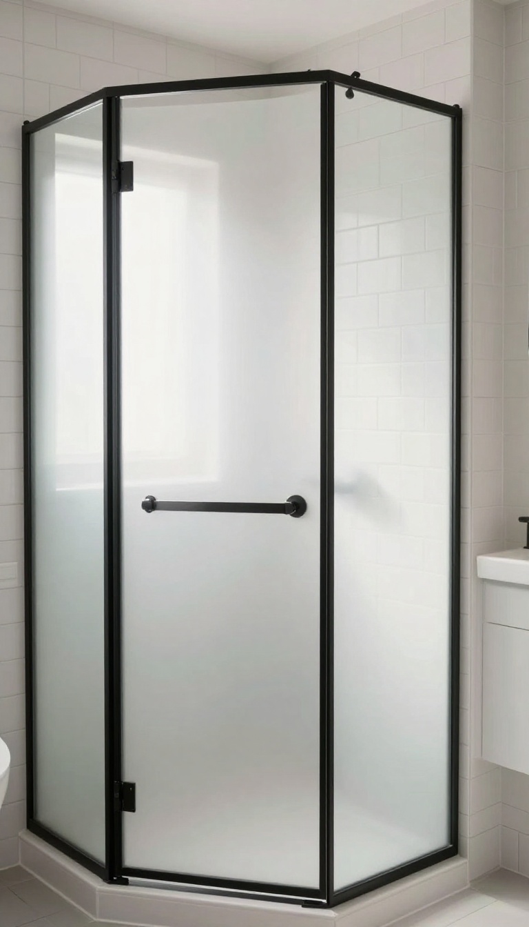 Modern bathroom with frosted glass shower enclosure and matte black frame