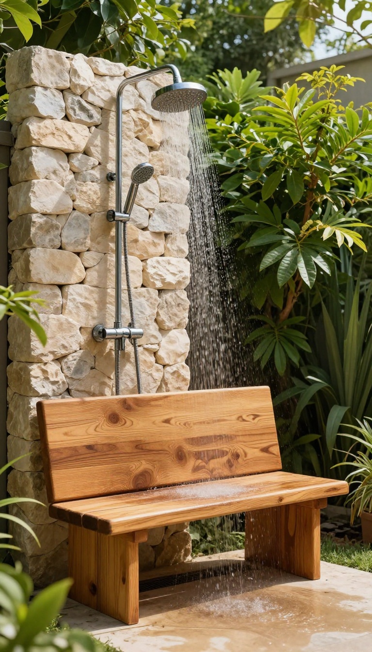 Outdoor shower with built-in teak bench and rainfall showerhead