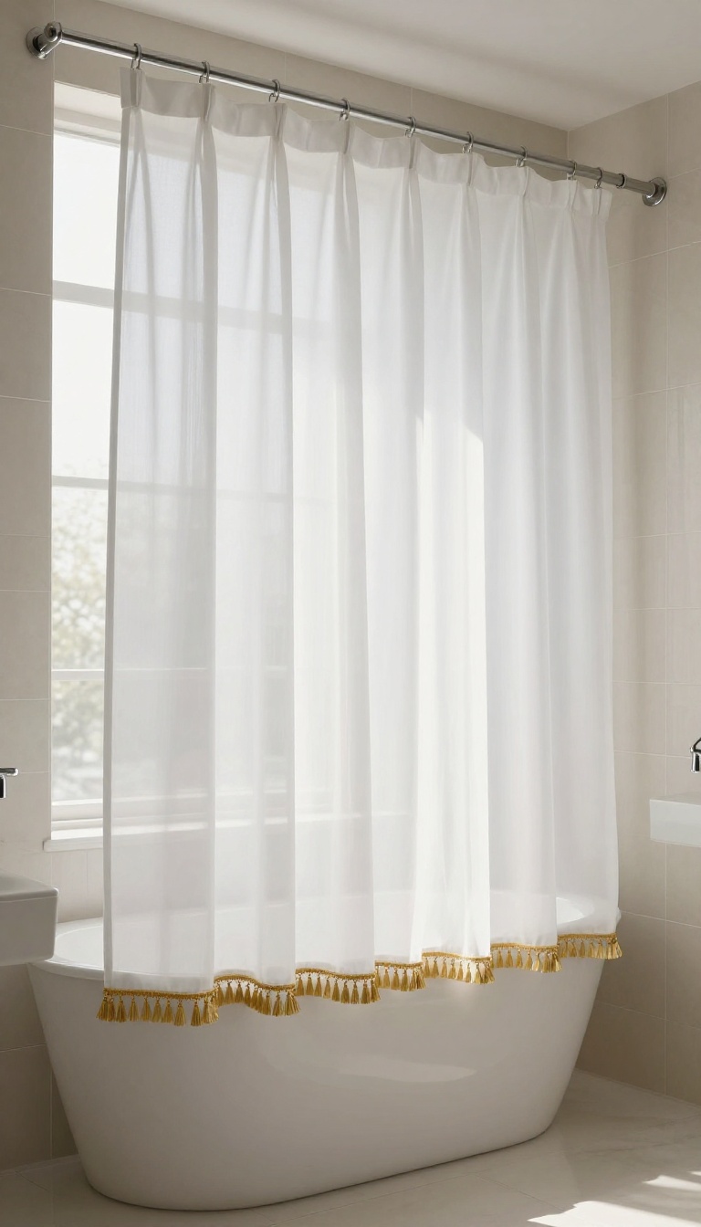 Long white shower curtain with gold tassels in a bright bathroom