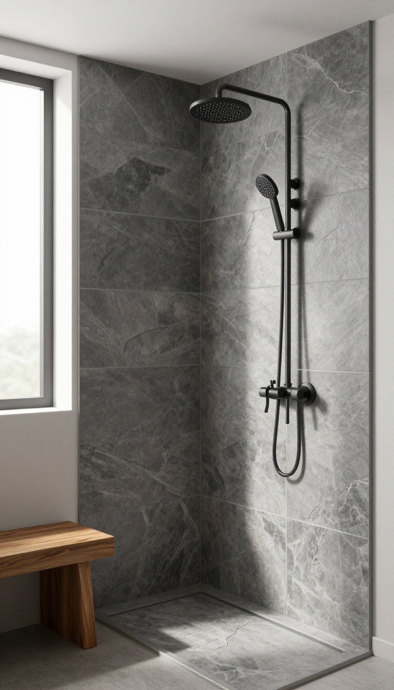 Slate-look porcelain tiles in a dark, natural-toned shower with a teak bench and matte black fixtures