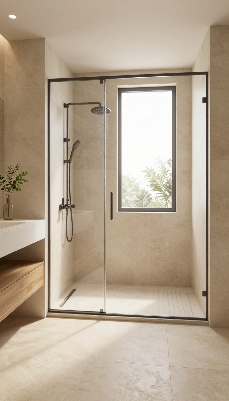 Curbless walk-in shower with matching flooring for a seamless bathroom design