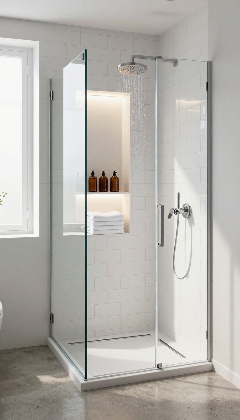 Tall recessed shower niche with shelves holding bottles and towels in a bright bathroom.