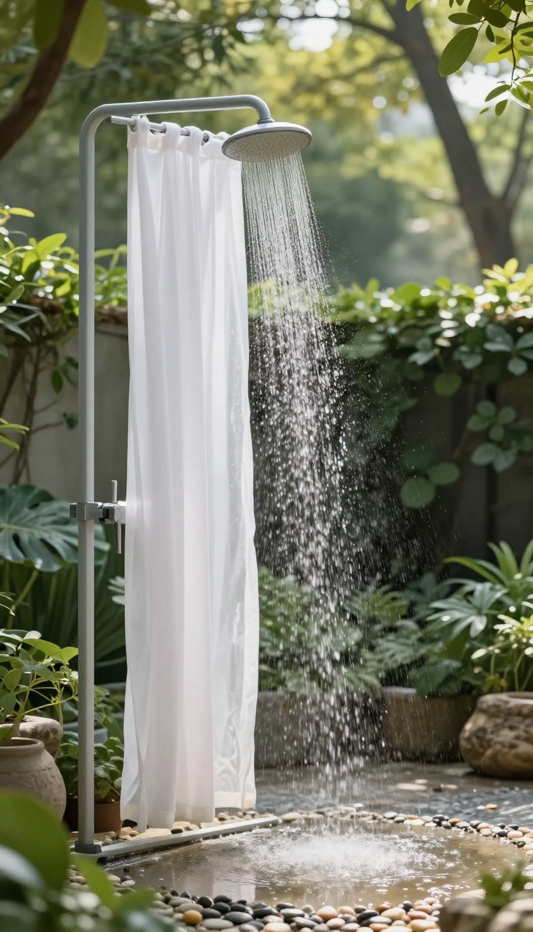 Outdoor shower with a white curtain in a backyard setting