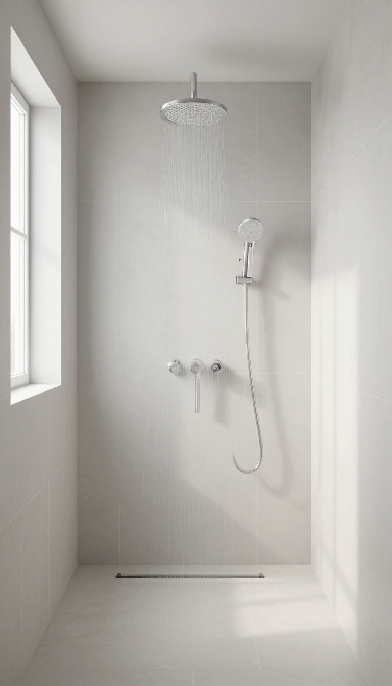 Vertical large-format tiles in a small shower, drawing the eye upward to make the space feel taller and more open.