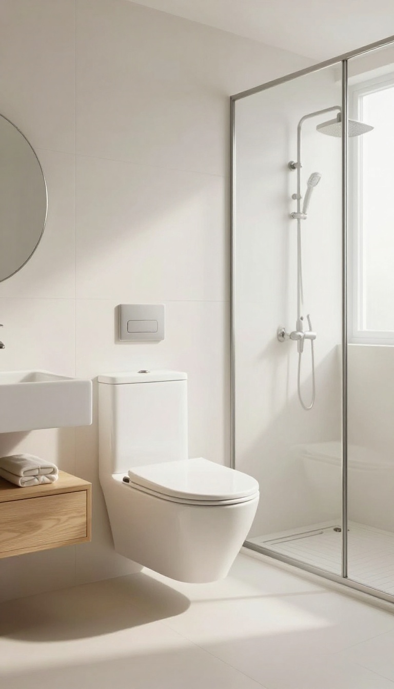 Modern wall-mounted toilet in a small bathroom with hidden tank and extra floor space