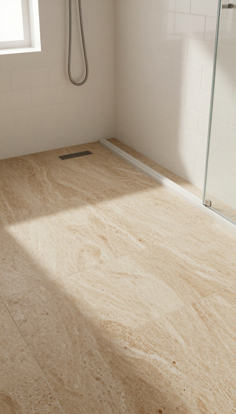 Textured natural stone shower floor with tumbled travertine tiles in warm earthy tones, wet and glowing in natural light.