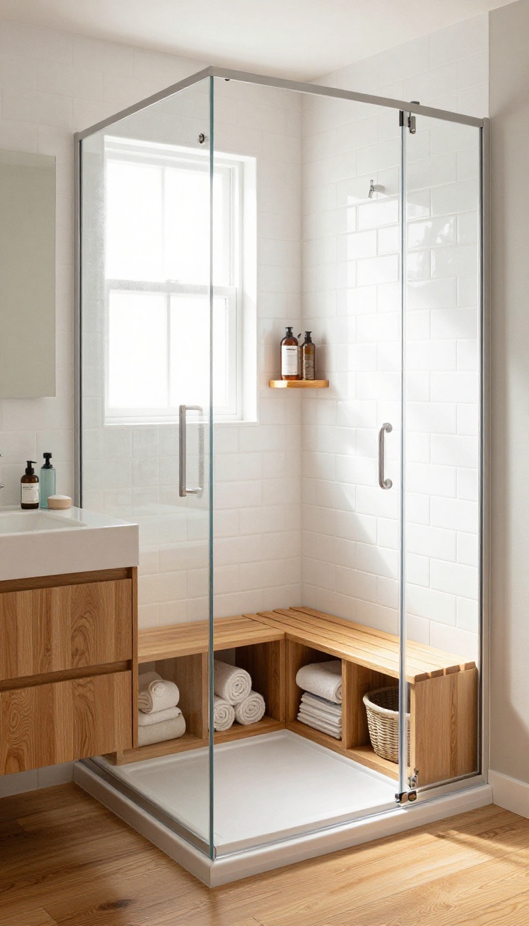 Small shower room with a floating vanity, mirrored cabinet, teak bench with storage, and fold-down seat, showcasing multi-functional furniture in a bright, clean design.
