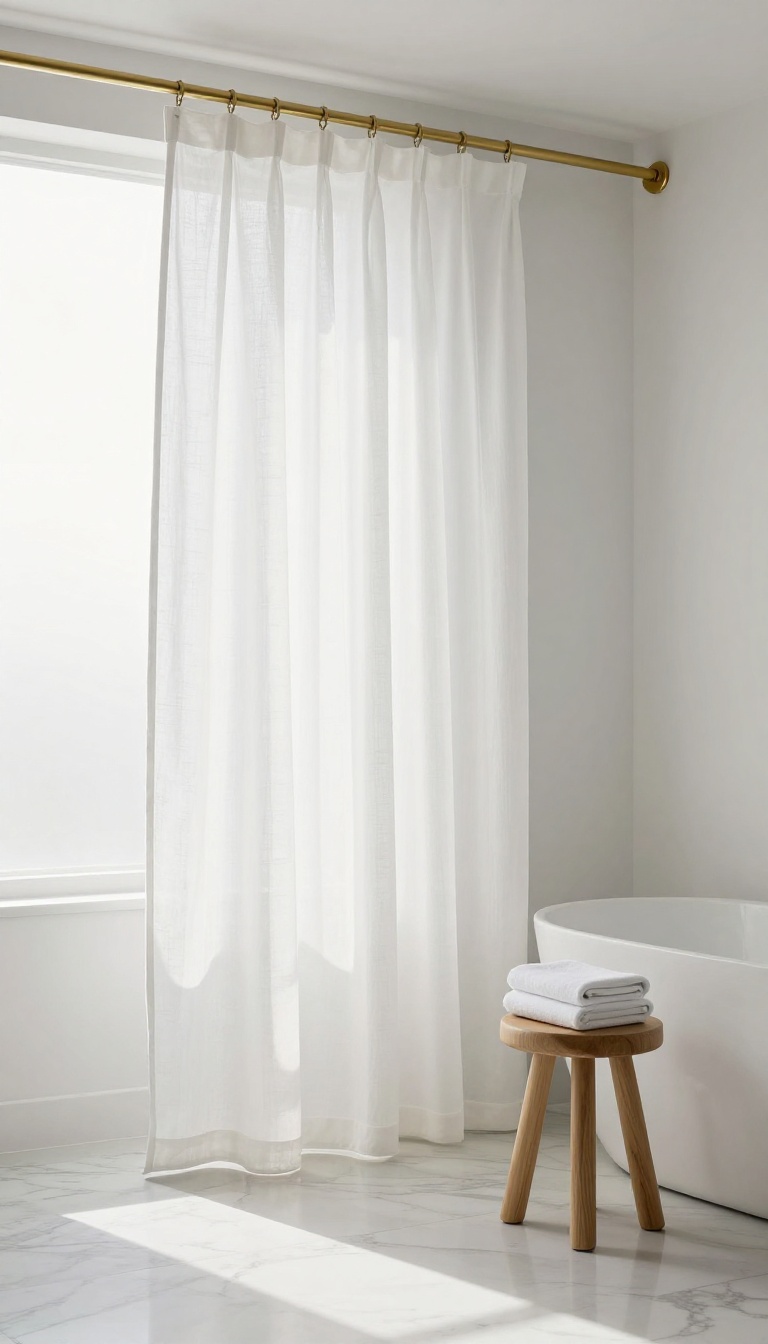 Floor-length white linen shower curtain in a bright, spa-like bathroom with marble floor and brass rod.