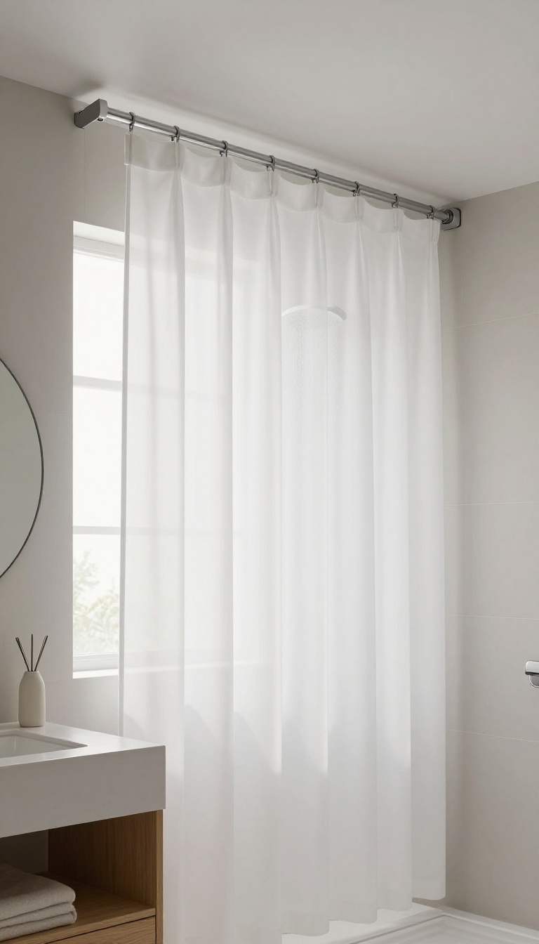 Bathroom with ceiling-mounted shower curtain track and floor-length white curtain