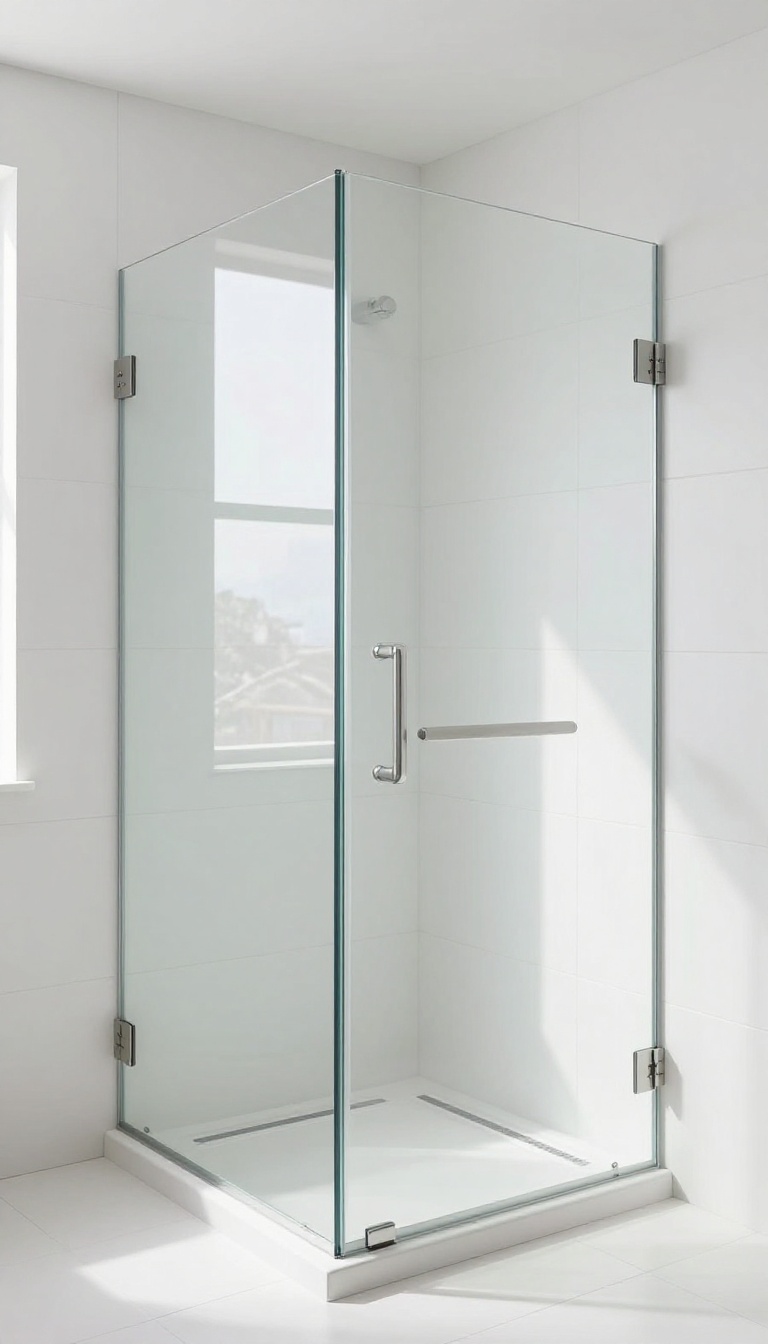 White tile shower with frameless glass enclosure in a bright, modern bathroom