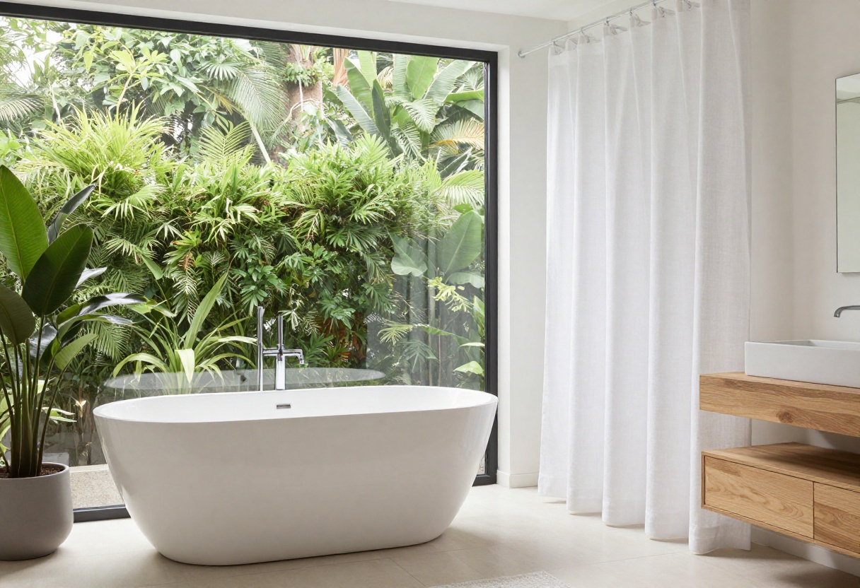 Elegant white linen shower curtain in a modern bathroom
