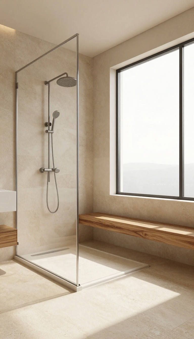 Warm heated bathroom floor with bare feet near a modern walk-in shower