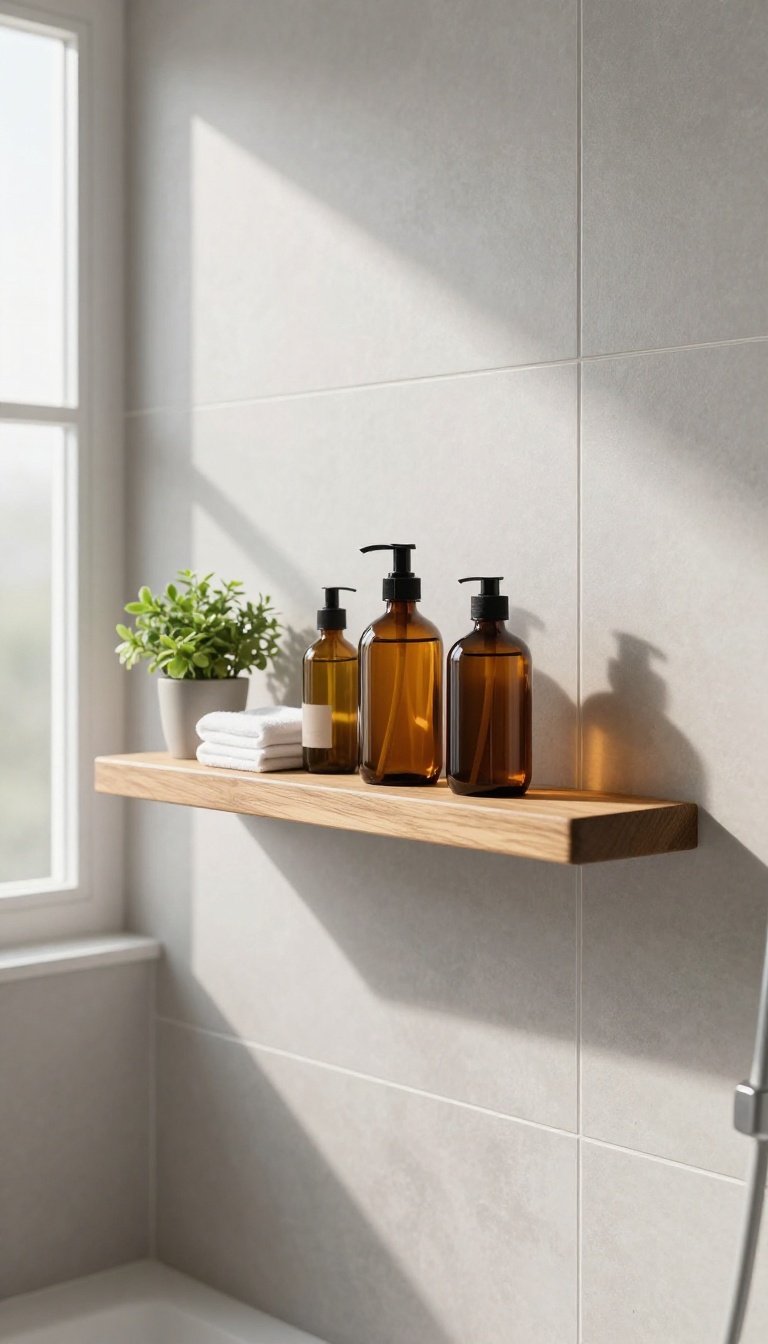 Floating teak shelf in a minimalist shower with bath products and a small plant