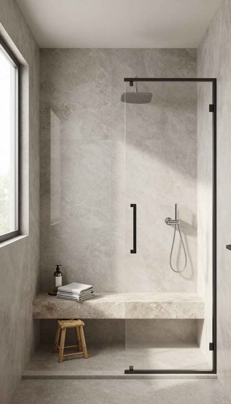 Compact shower-only bathroom with a built-in stone bench and glass enclosure, styled with a towel and bamboo stool.