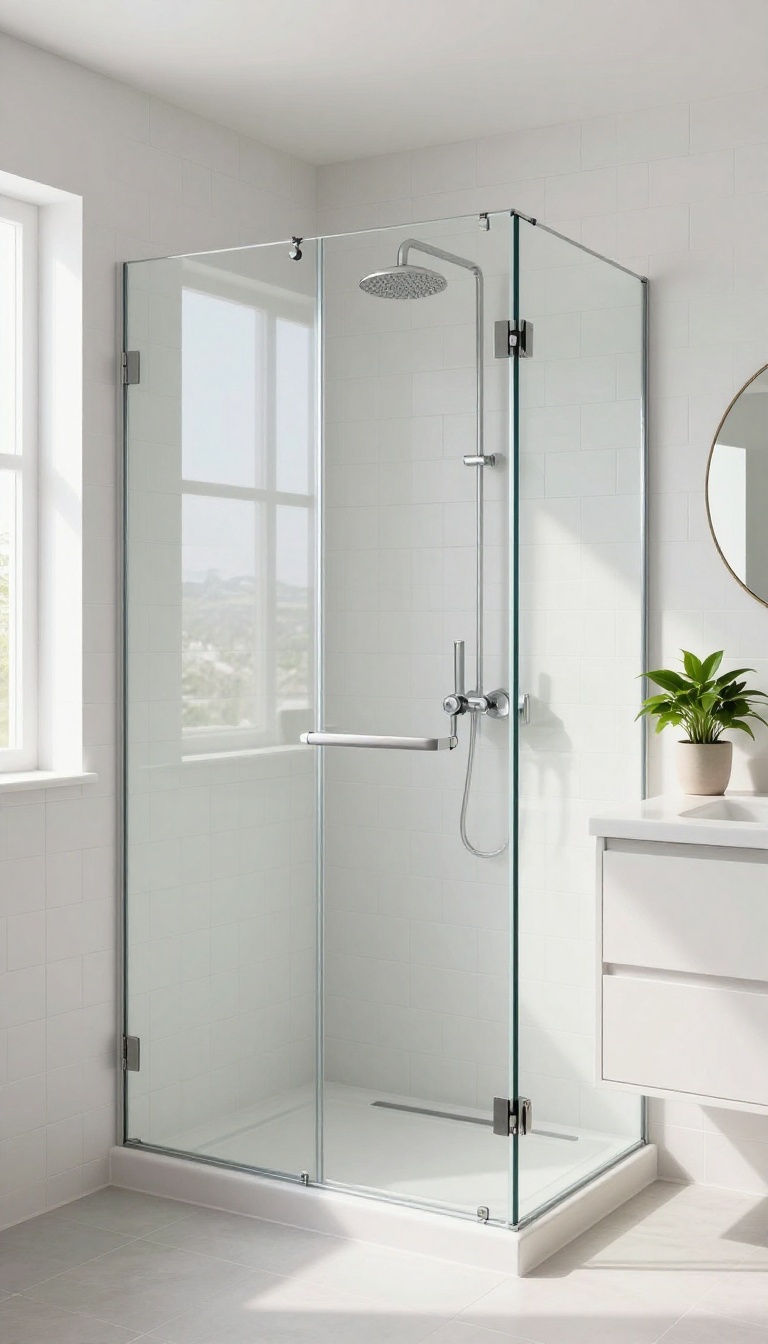 Small bathroom with frameless glass shower panel, bright and airy
