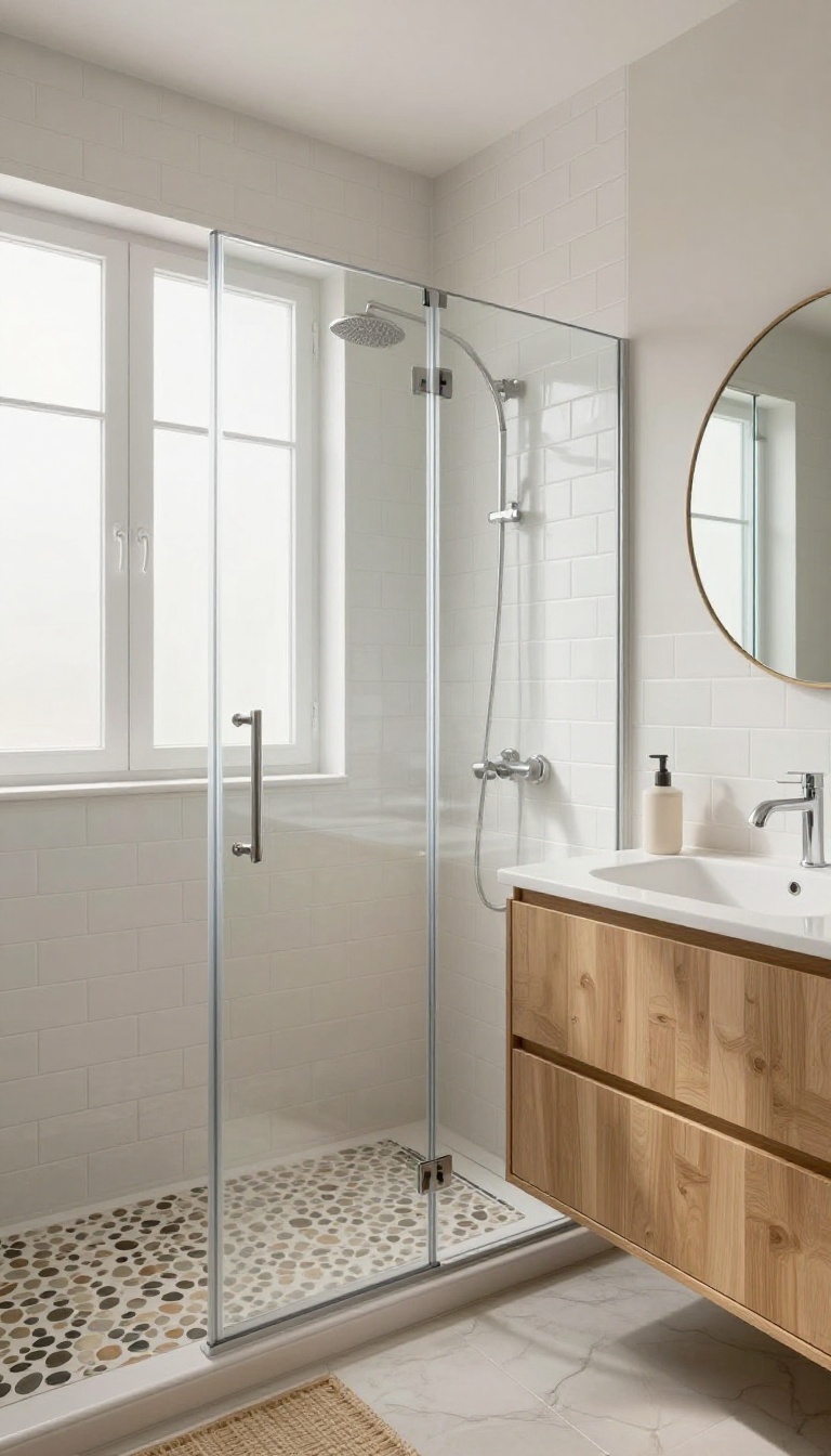 Small bathroom with neutral palette, textured beveled subway tiles in herringbone pattern, pebble shower floor, and wooden vanity.