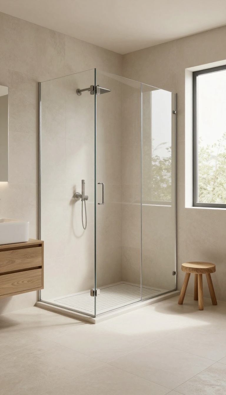 Curbless walk-in shower with seamless tile transition and glass panel in a bright, modern bathroom.