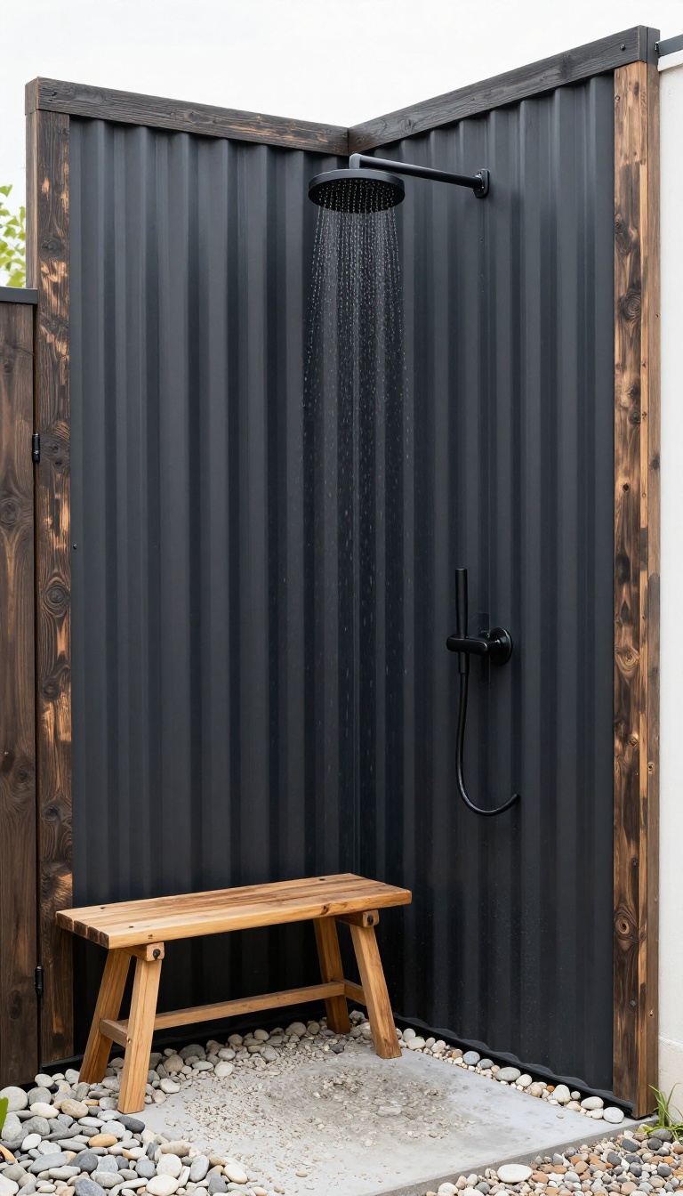 Matte black corrugated metal panels on an outdoor shower with dark wood and pebble floor