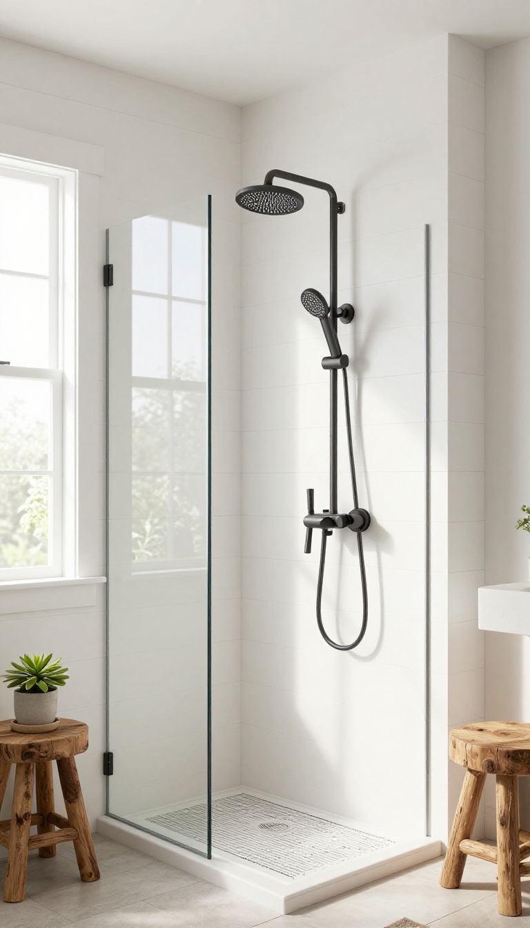 Modern farmhouse bathroom with a digital shower control panel in matte black, featuring a glass shower enclosure and natural light.