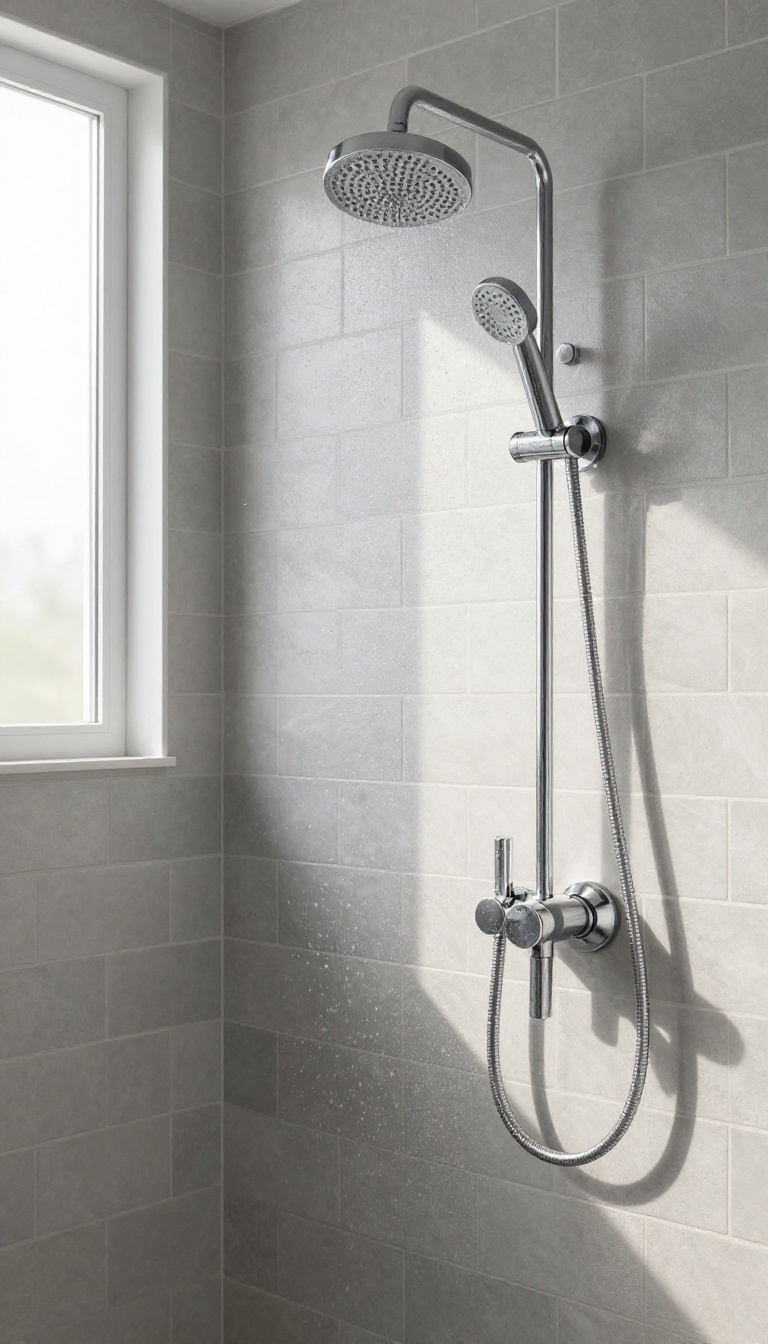 Wall-mounted double shower heads with adjustable angles in a modern bathroom