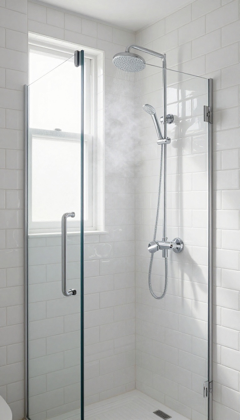Small shower with glossy white tiles and light gray grout, bright and reflective