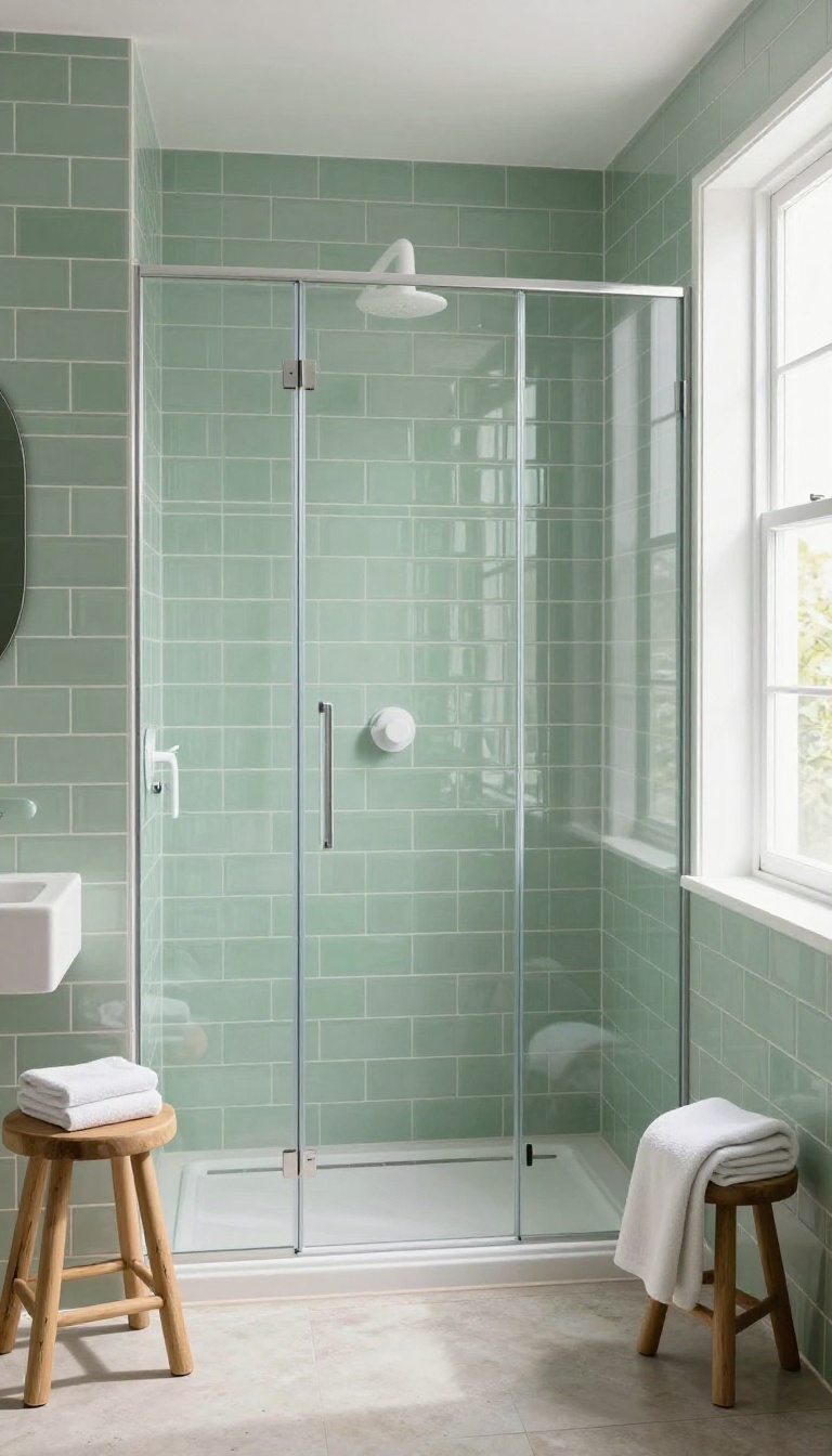 Sage green subway tile shower with white fixtures and natural light