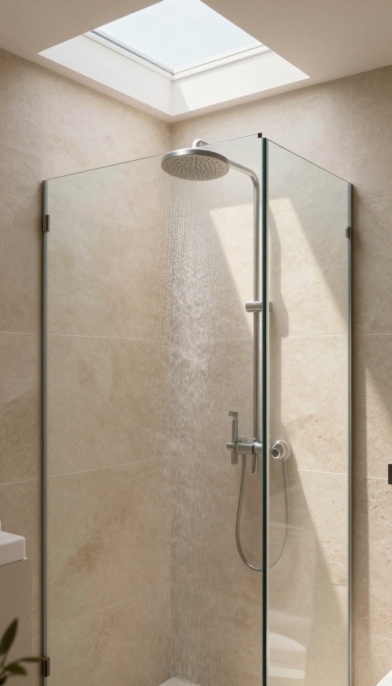 Modern shower with skylight and high frosted window, bright natural light