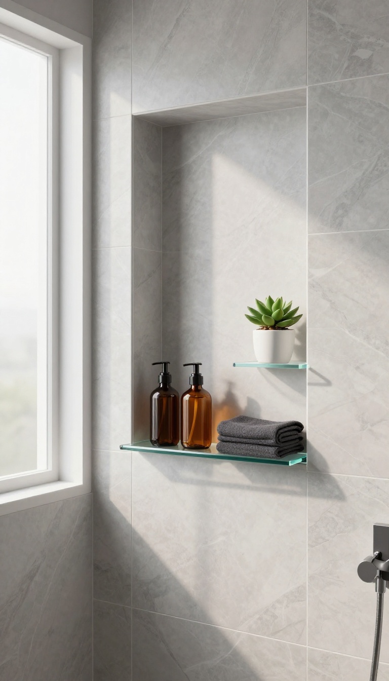 Floating glass shelf inside a tiled shower niche with neatly arranged bottles and a small plant, creating an open and elegant storage solution.