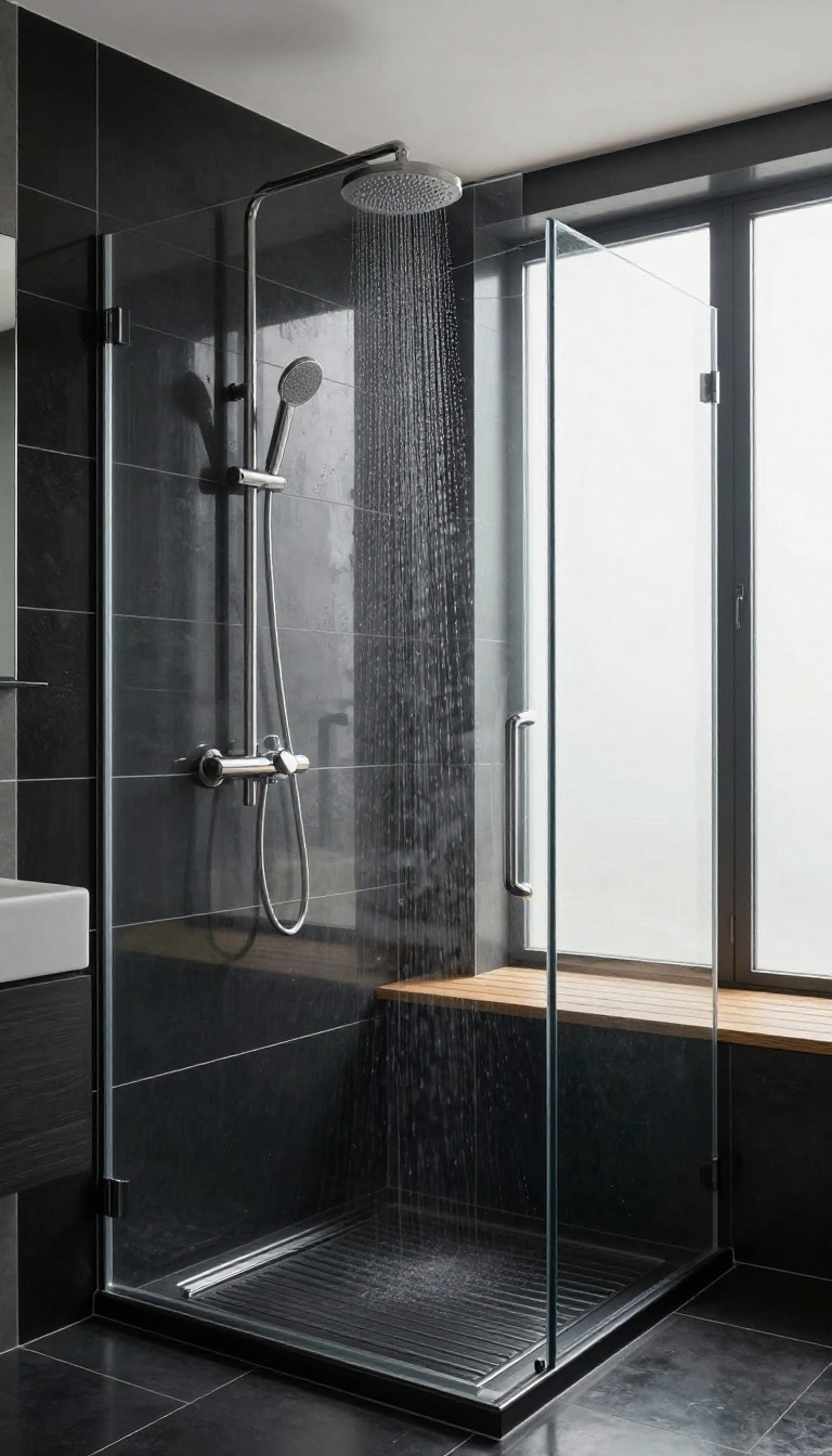 Modern bathroom shower with large glossy charcoal tiles and brushed nickel fixtures