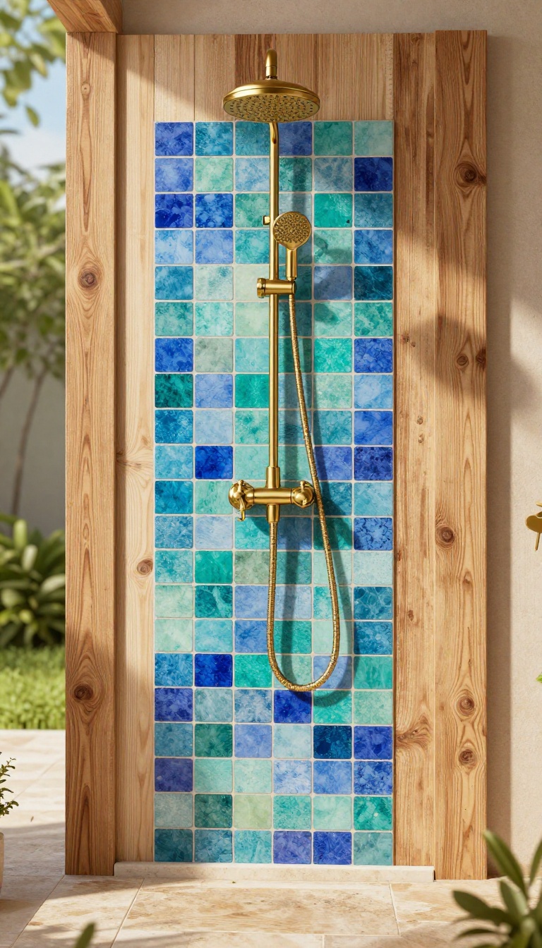Outdoor shower with a colorful mosaic tile accent wall