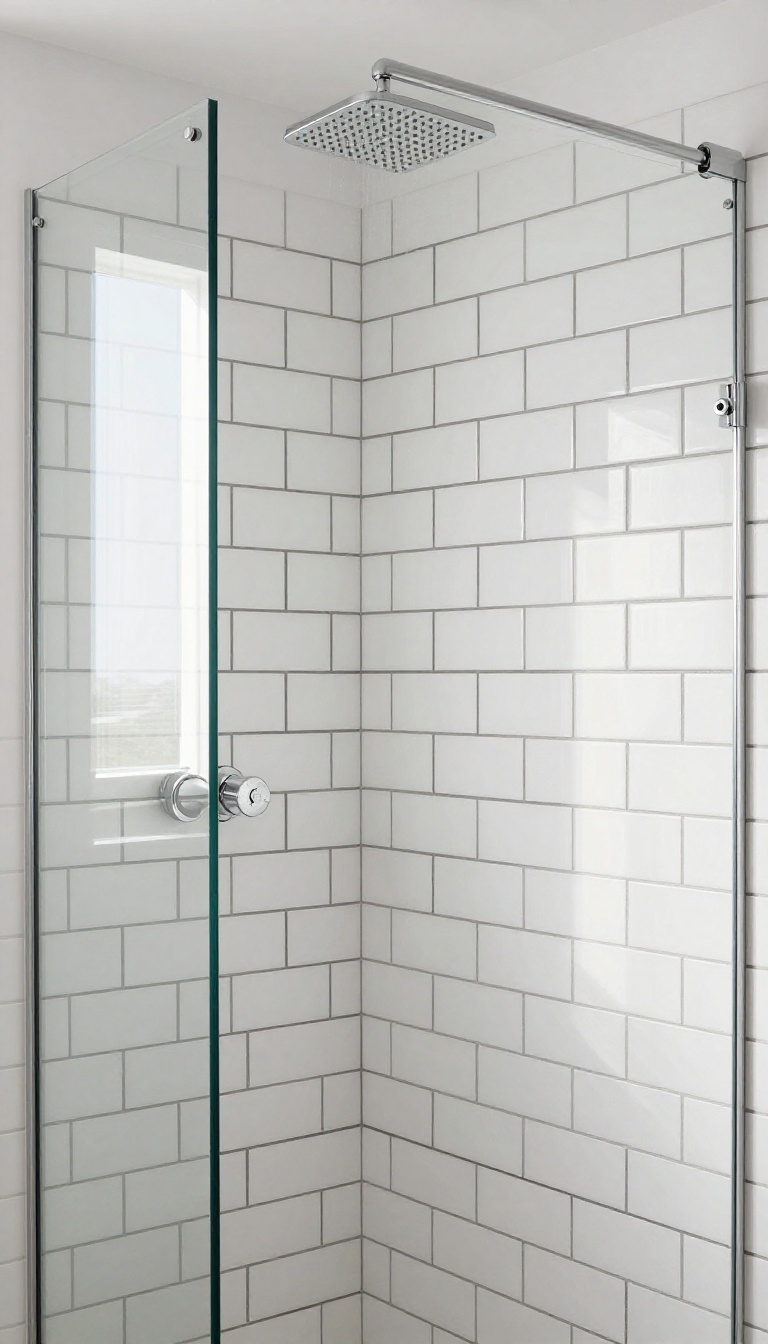 Modern shower stall with white subway tile and bold charcoal grout lines