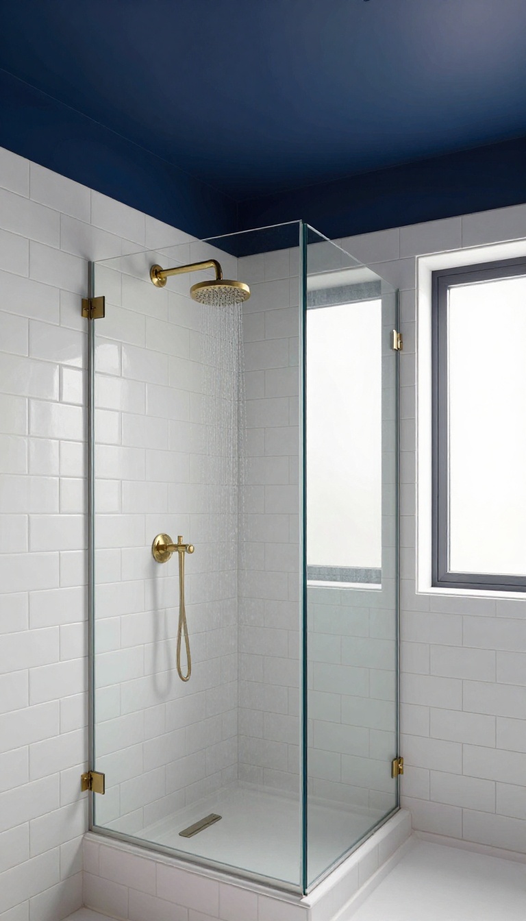 White tile shower with a contrasting navy blue ceiling, creating a dramatic and custom look