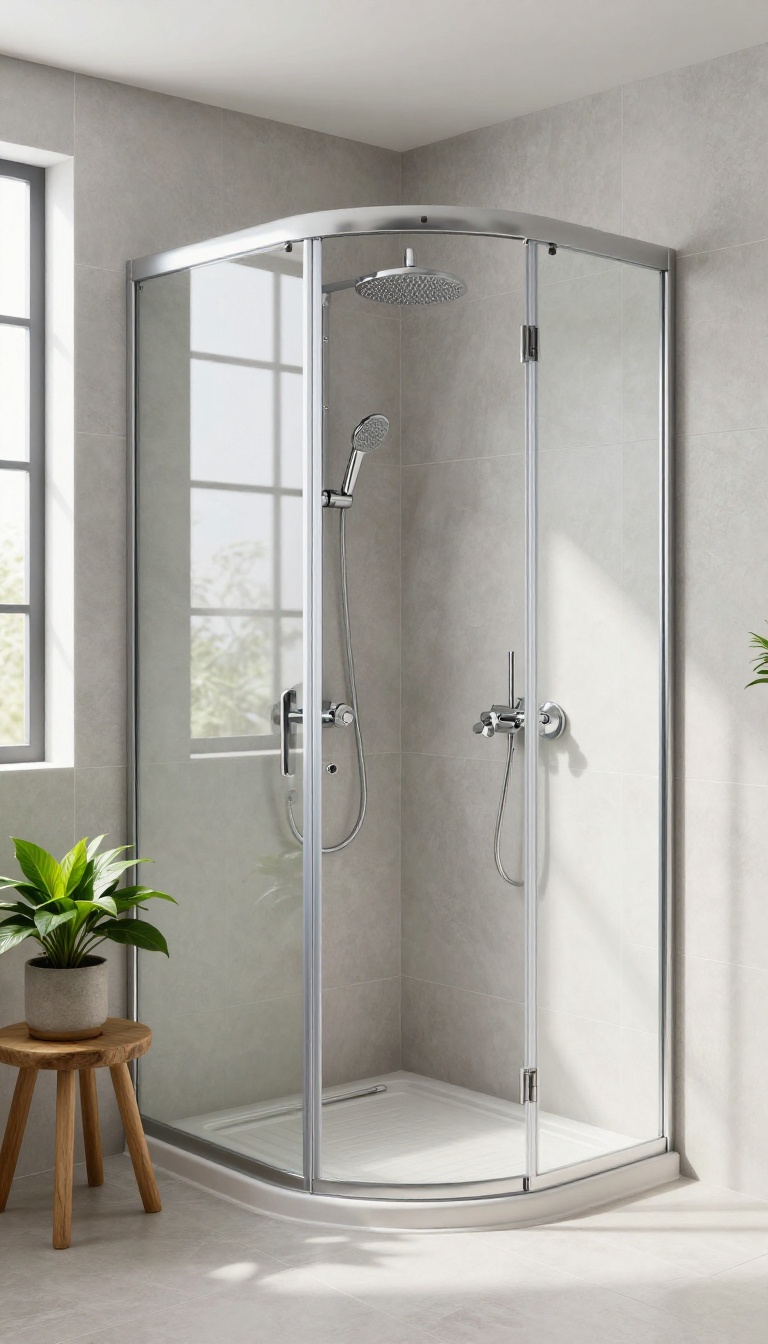 Corner shower with curved glass door in a bright, modern bathroom