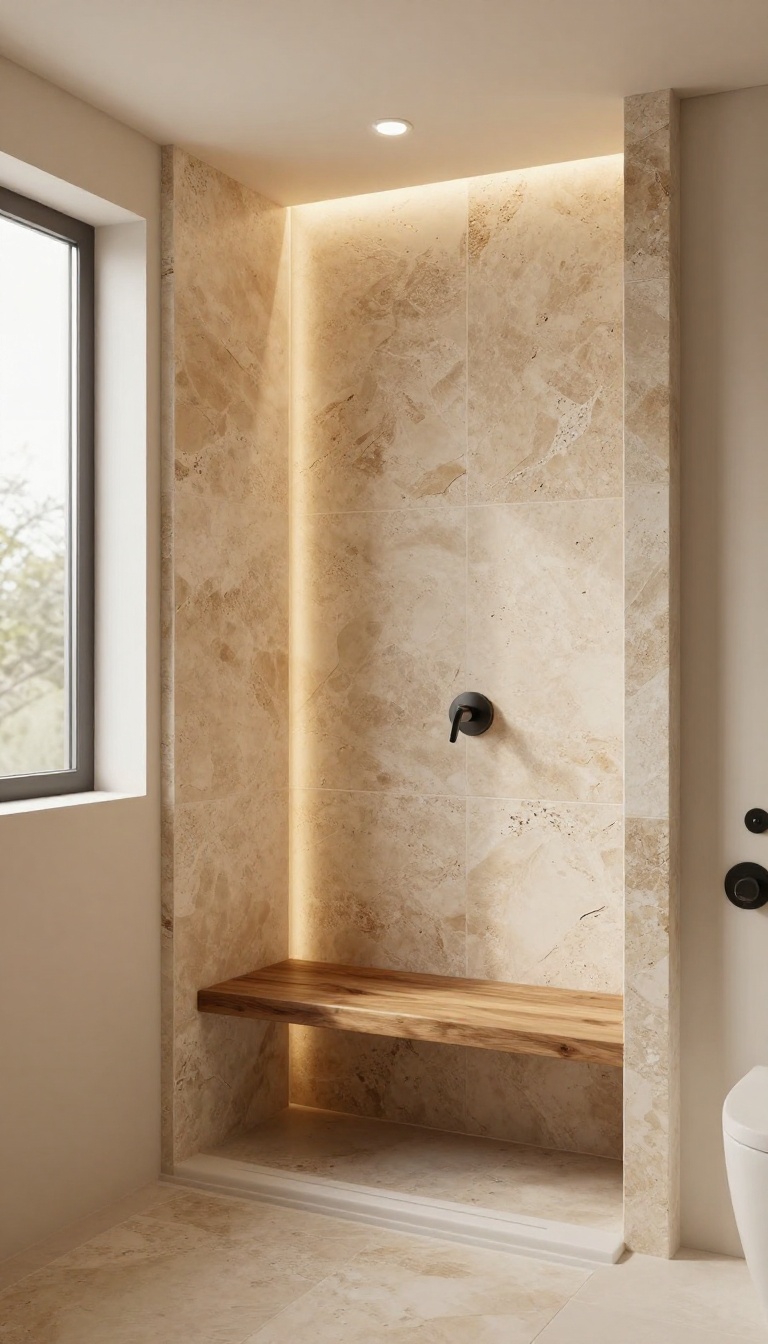 Natural stone shower niche with warm lighting and wooden accents