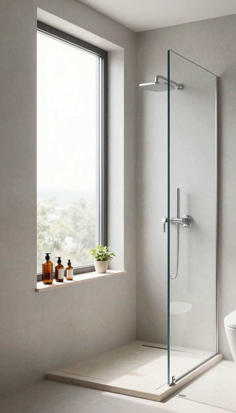 Modern shower with a window sill used as a storage niche for shampoo and soap, bathed in natural light.