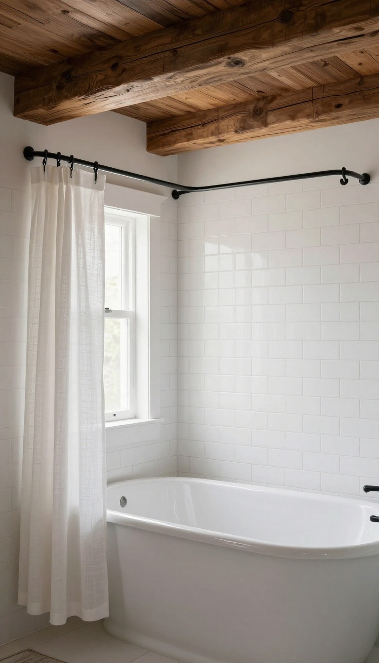 Rustic bathroom with wooden ceiling beam and white linen shower curtain on hook rings